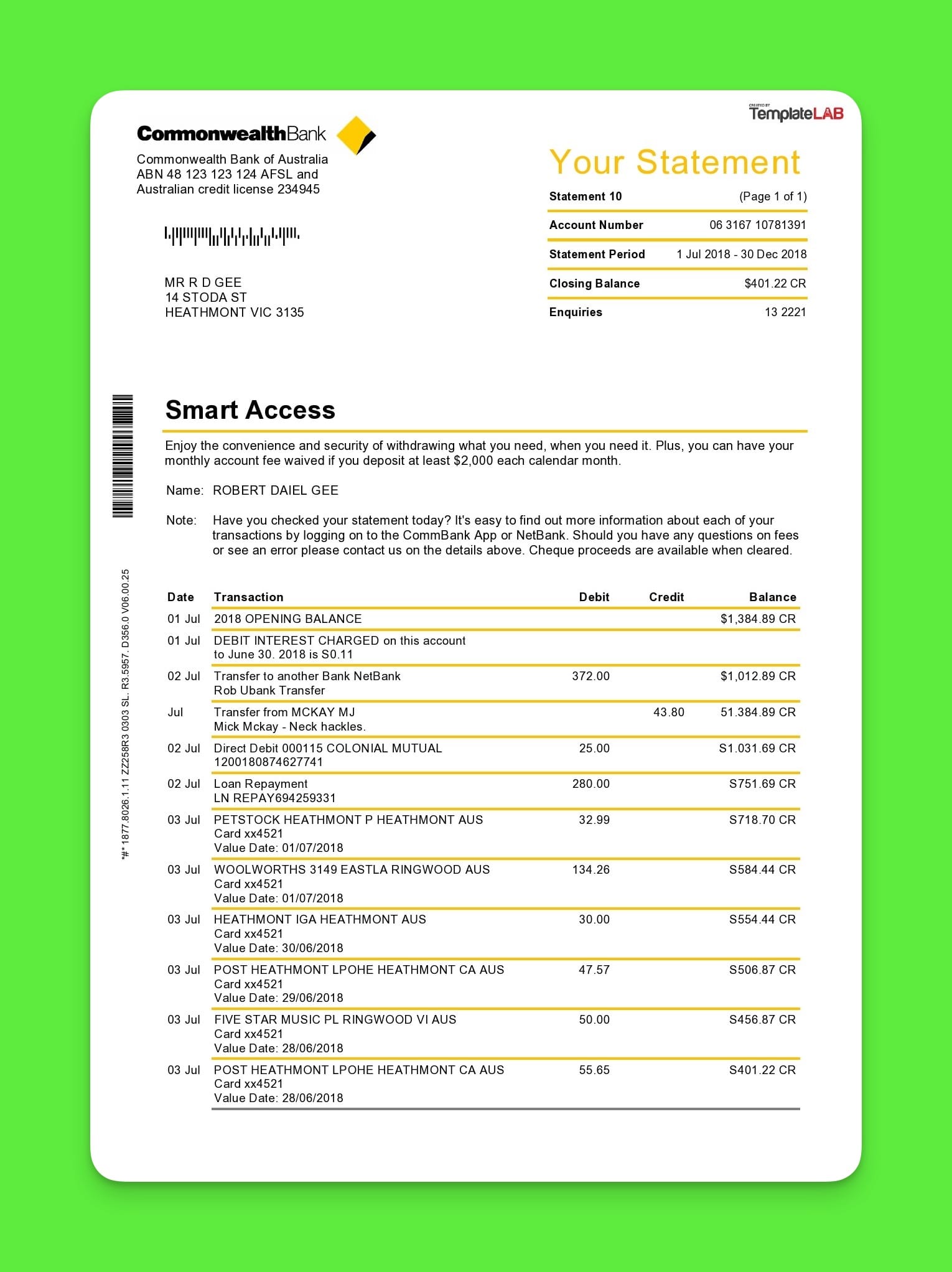 checking account bank statement example