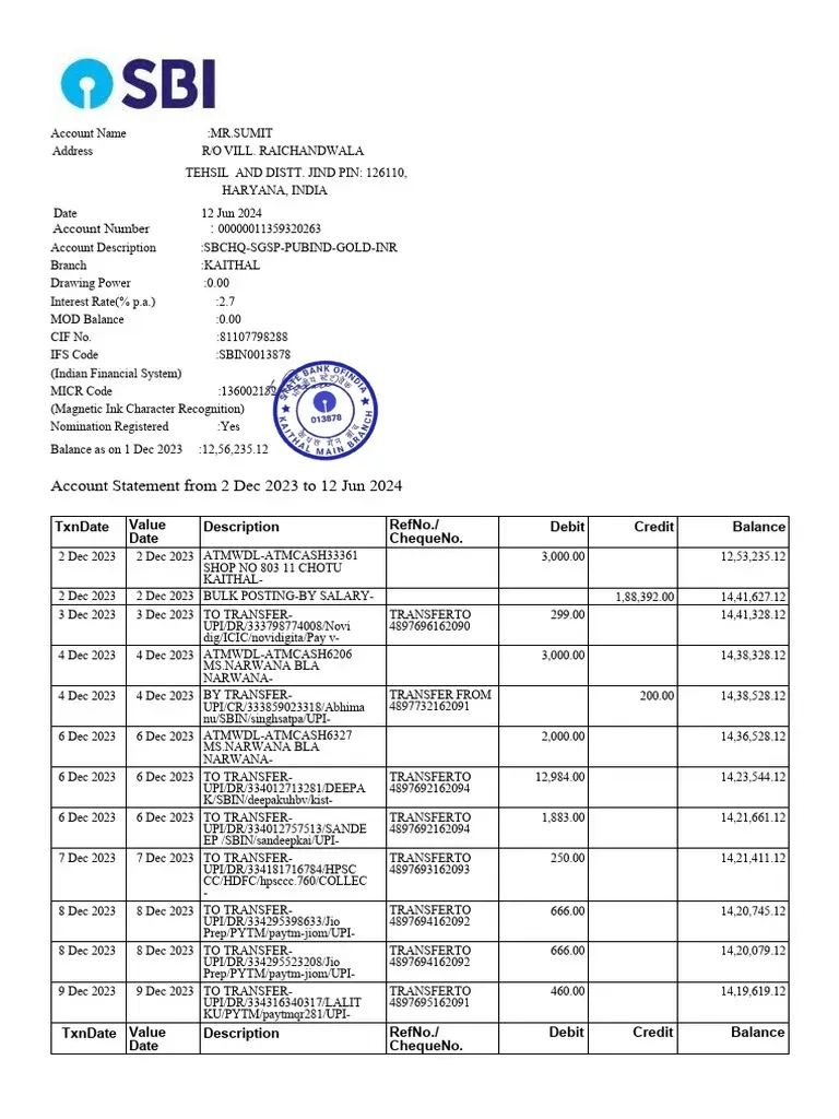 SBI bank statement example