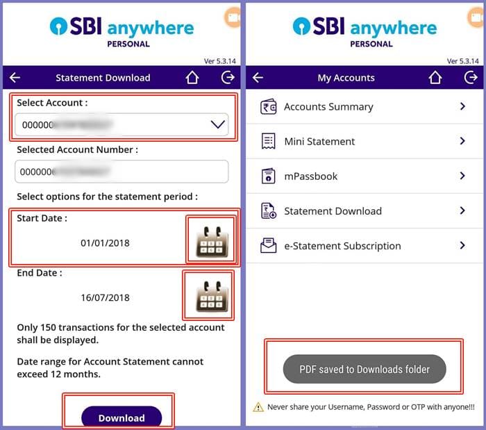 SBI bank statement via mobile app