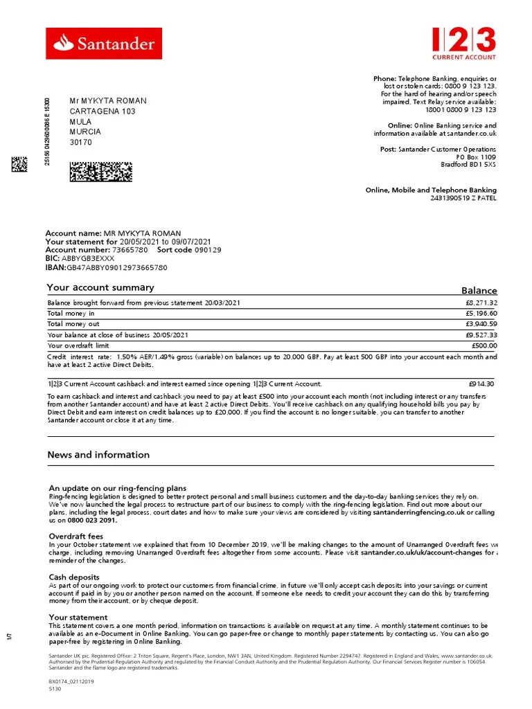 santander bank statement example