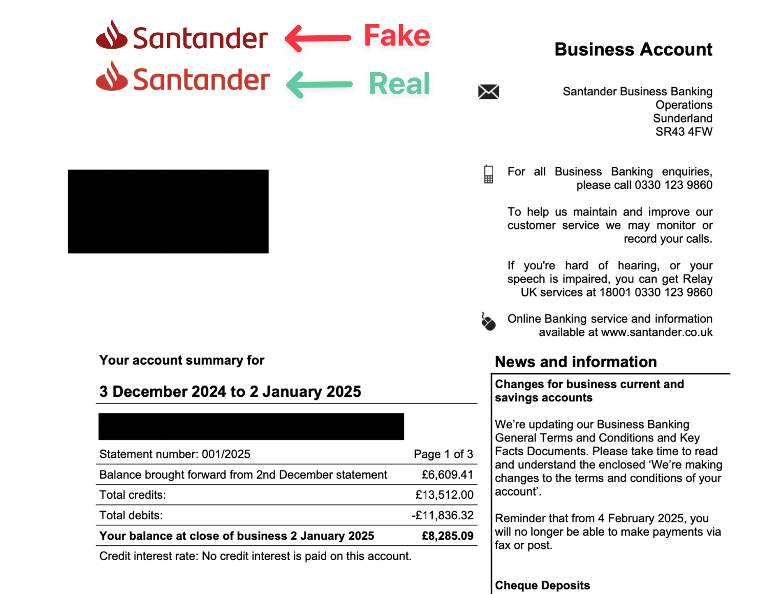 Fake branding on a fake bank statement